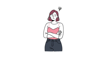Frustrated woman with arms crossed looking confused with swirling thoughts above her head