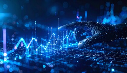 Financial growth concept futuristic digital hand with glowing upward arrows symbolizing investment success and economic progress. Blue technology background for business and fintech concepts