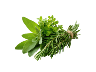Fresh green herbs tied together with twine on a black background rosemary sage
