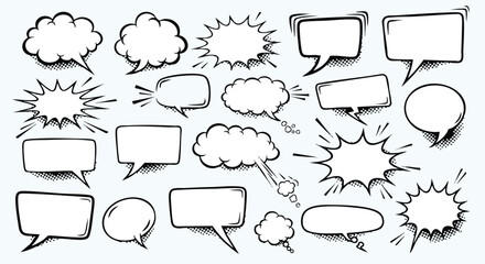 Collection of hand-drawn comic book speech bubbles and thought bubbles, various shapes and styles. © Avoxel