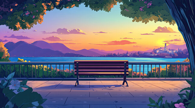 An illustration of a bench with a view of a lake in the evening