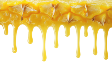 Glossy light yellow pineapple syrup drips with fresh tropical fruit texture and sweet glaze, isolated on white background, ideal for drinks and dessert mock-ups.