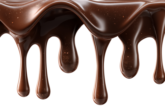 Glossy melted chocolate drips with smooth rich texture and shiny glaze effect, isolated on white background, ideal for dessert and pastry mock-up