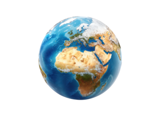 Planet earth blue oceans brown continents white snow clouds globe world