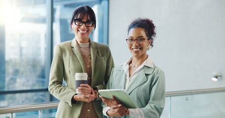 Portrait, mentor and women in office with tablet, skill growth and support in corporate job. Smile, marketing director and intern in agency with tech, coaching and goals in career development.