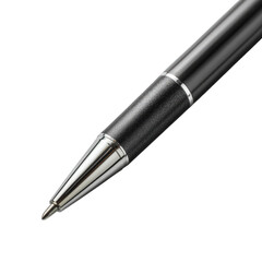 Close-up of a dark gray or black ballpoint pen, showcasing the tip and barrel