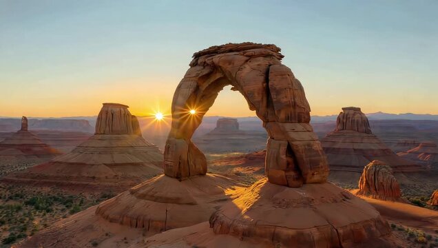 Majestic delicate arch in arches national park utah glows as the sun rises creating a breathtaking landscape with sandstone formations and a clear sky perfect for travel and adventure