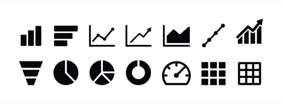 Analytics dashboard glyph icon set. Vector pictograms of percent, growth graph, decline, trend, arrow, filter, segmentation, magnify, analysis, document, black sign silhouette illustration
