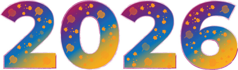 Year 2026 in colorful gradient with splattered paint on white background new year celebration