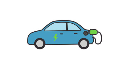 Fototapeta premium Illustration of a light blue electric car being charged with a green plug, showing environmental technology.