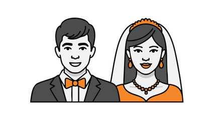 Illustration of a smiling bride and groom, ready for their wedding ceremony.