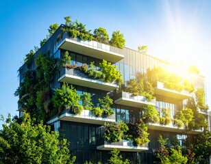 Fototapeta premium modern building with a glass facade and layered balconies overflowing with lush green plants, brilliantly lit by the sun.