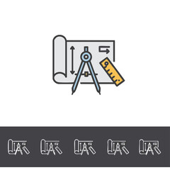 A vibrant line icon showcasing essential architectural and engineering design tools, including a detailed blueprint, a precise drafting compass, and an accurate ruler.