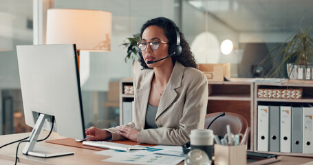 Business woman, consultant and computer with headset or documents for company report or advice. Female person, agent or analyst with paperwork or mic for virtual assistance or feedback in office