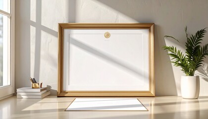 Elegant wooden frame holding a blank certificate or diploma, bathed in natural sunlight on a minimalistic desk, symbolizing future accomplishments and recognition
