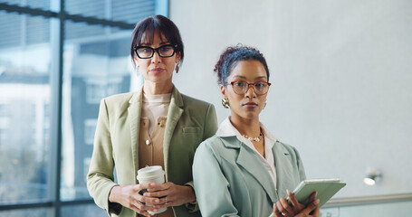 Portrait, mentorship and women in office with tablet, skill growth or support in corporate job....