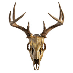 Weathered Deer skull with old antlers, isolated on white or transparent background. PNG