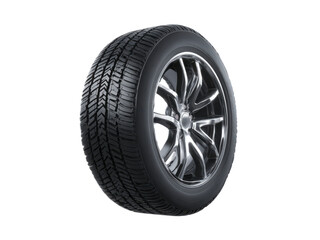 Obraz premium Black rubber tire with shiny chrome alloy wheel against black background image
