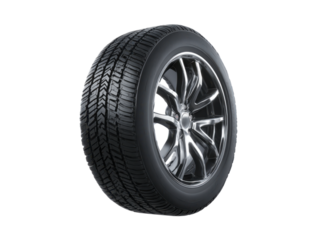 Black rubber tire with shiny chrome alloy wheel against black background image