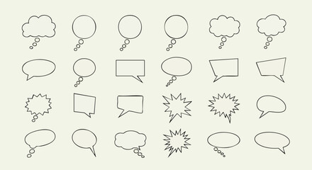 Collection of various speech bubble outlines, representing communication and dialogue, arranged on a neutral background.