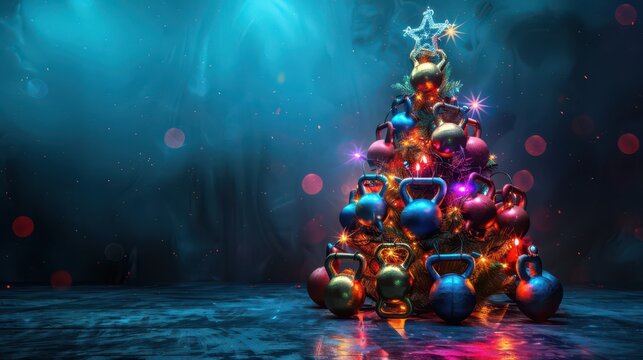 Festive christmas tree with colorful kettlebells and illuminated star in vibrant holiday setting