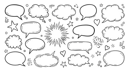 Collection of various hand-drawn speech bubbles, stars, and decorative elements.
