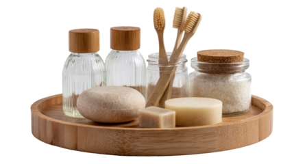 Sustainable bath & body products on a wooden tray