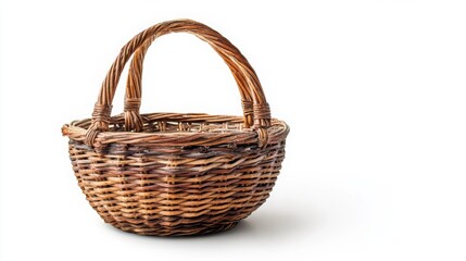 Wicker basket with one handle on a white background.