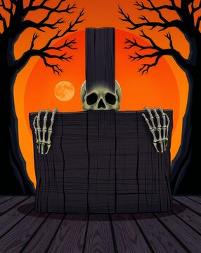 Spooky skeleton rising from a wooden crate on halloween night