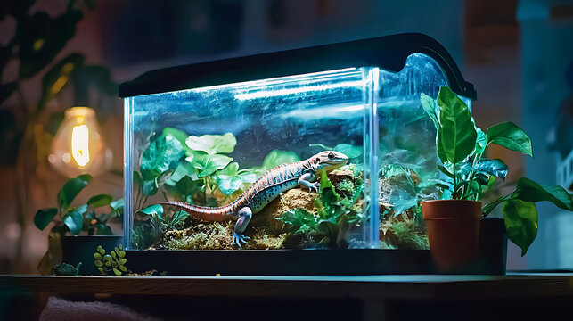 Photorealistic image of home reptile enclosure featuring lizard, lush greenery, and ambient lighting, creating serene atmosphere