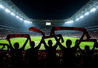 Silhouette of Football Fans Cheering with Scarves in a Lit Stadium at Night