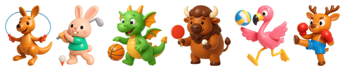 Naklejka premium PNG Cute animals playing sports, element set on transparent background