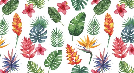 Watercolor Tropical Floral Pattern on White Background.