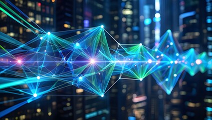 Abstract digital network overlaying a cityscape at night