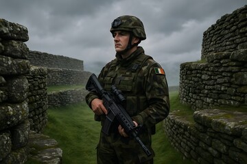 Timeless Duty Modern Irish Soldier Guarding an Ancient Celtic Heritage