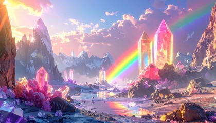 A vibrant landscape filled with towering crystal formations, a serene rainbow arches across a mountainous terrain, bathed in soft pastel hues.