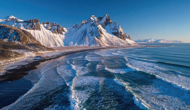 Snowy mountains meet a rugged black sand beach, lapped by ocean waves