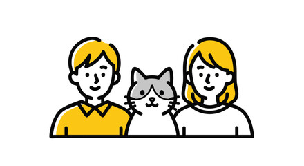 Illustration of a smiling couple standing next to a fluffy cat, all with simple line art and yellow accents.