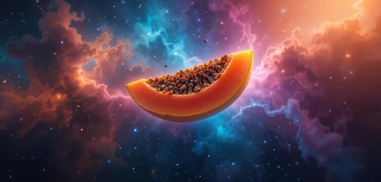Cosmic Papaya  A Slice Suspended in a Vibrant Nebula, Merging Tropical Fruit with Astrological Beauty