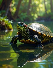 A vibrant red-spotted turtle gracefully rests on a serene pool of water, its intricate shell reflecting in the tranquil surface.