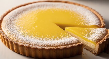 Golden-crusted lemon tart with a bright, creamy filling, a gourmet pastry dessert carefully prepared with a whisk and dusted with powdered sugar