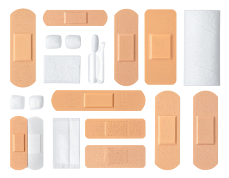 Set of adhesive bandages with varying angles and medical props isolated on transparent background PNG