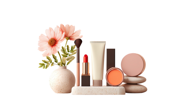 Makeup products with flowers in a vase
