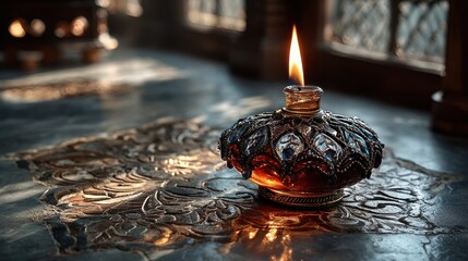 Bright flame of an oil lamp on a flat table surface, surrounded by deep shadows and low ambient light