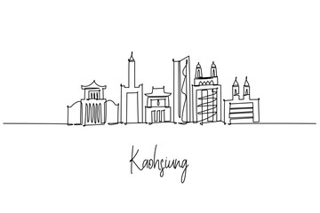 Obraz premium Stylish one line drawing of Kaohsiung skyline combines temples, towers and cultural landmarks in minimalist outline, ideal for architecture prints, cityscape posters and travel illustration.