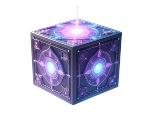 Sci-fi holographic cube with central glowing orb isolated on transparent background PNG