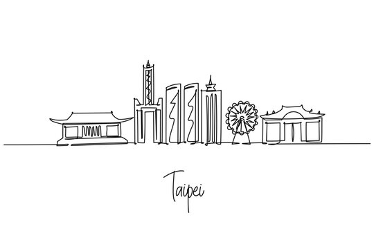 Minimalist continuous line drawing of Taipei skyline highlights modern towers, ferris wheel and temples in linear outline, perfect artwork for architecture, travel posters and cityscape design.