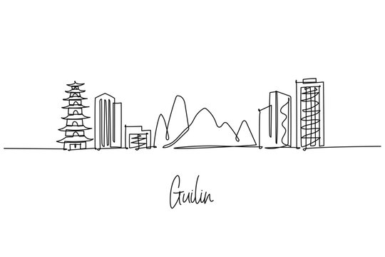 Guilin skyline one line drawing illustration