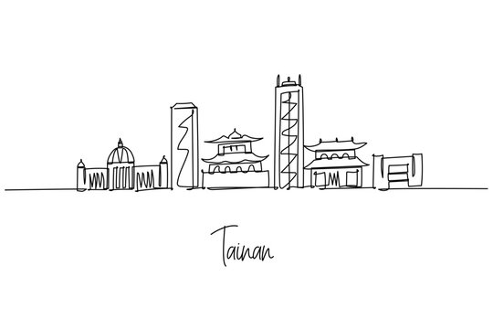 Elegant one line drawing of Tainan skyline features domes, temples and towers in minimalist linear outline, artistic cityscape artwork perfect for travel posters and architectural design prints.