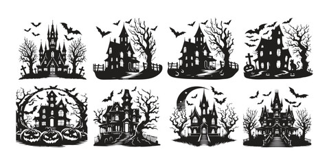 Fototapeta premium Assortment of Halloween Silhouettes with Haunted Houses Witches and Spooky Elements Keywords: halloween, haunted house, silhouette, spooky, Bundle